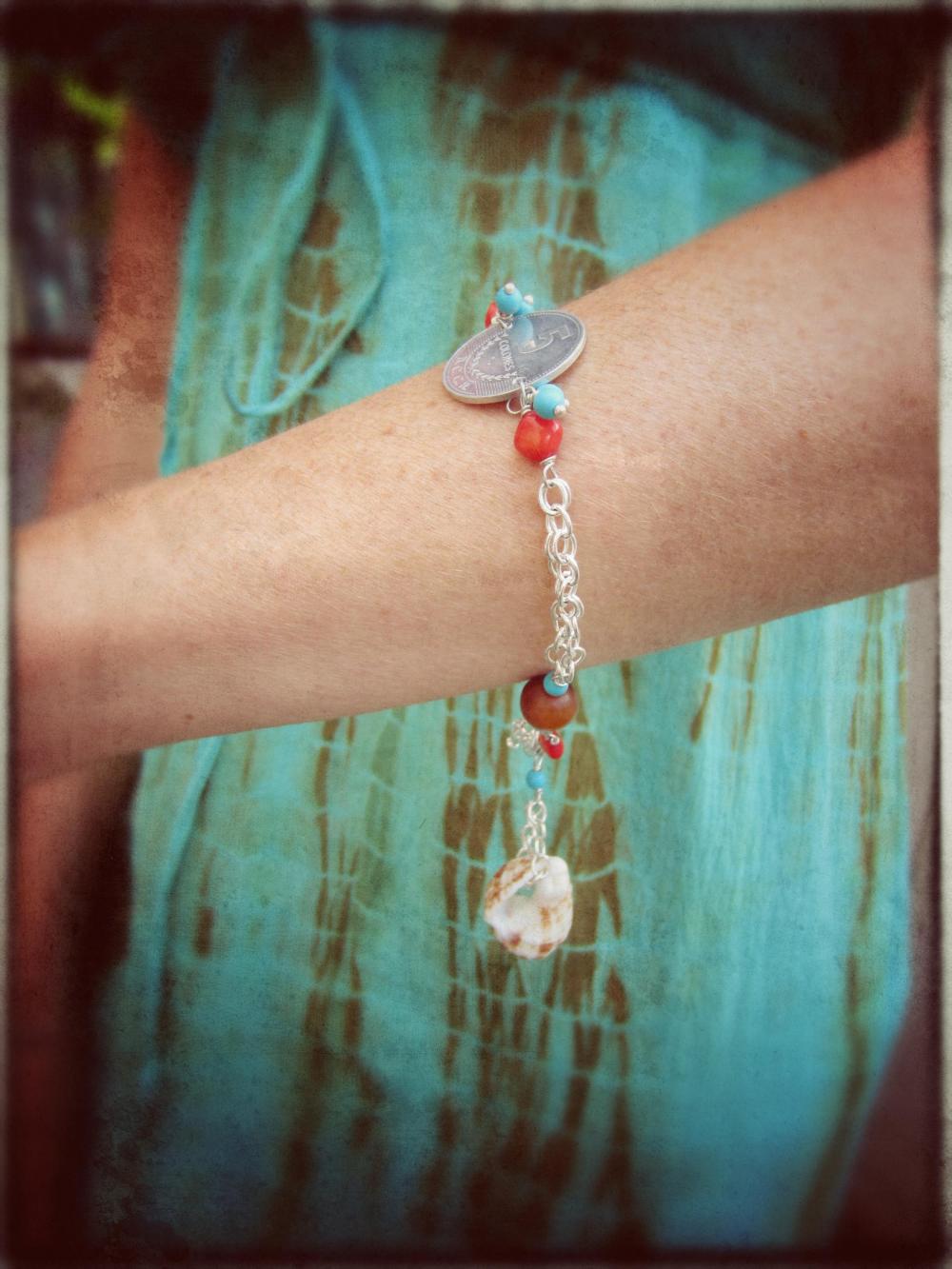 Playa Vida Bracelet Silver Chain Shells Coral Turquoise Amber Horn Charm Dangle Custom
