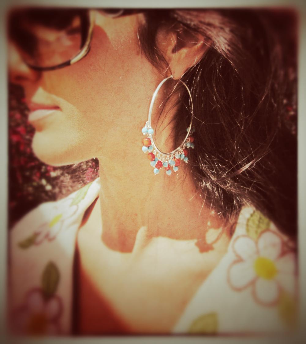 Puesta Del Sol Large Sterling Silver Hoops Red Coral Turquoise Loops