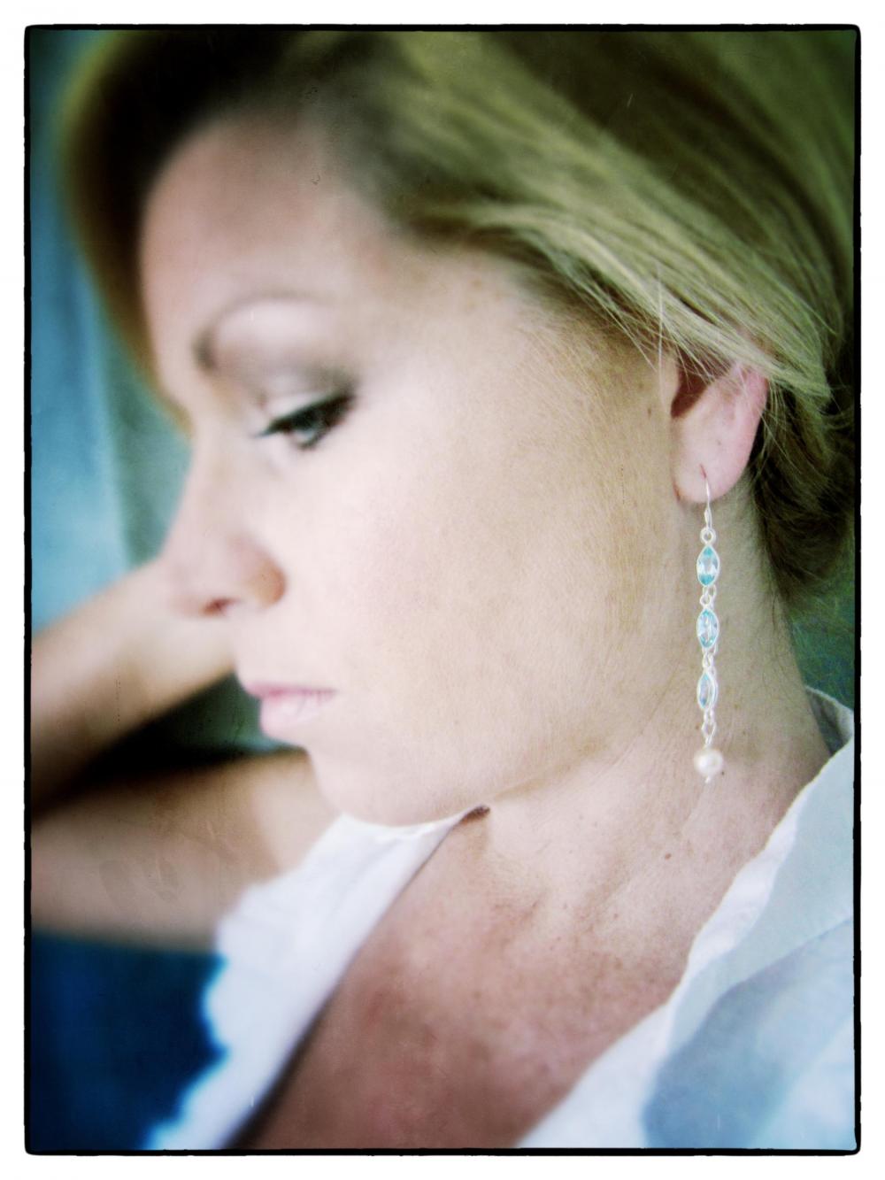 Dewdrops Dangel Earrings Sterling Pearls Aquamarine Bridal Long Chain