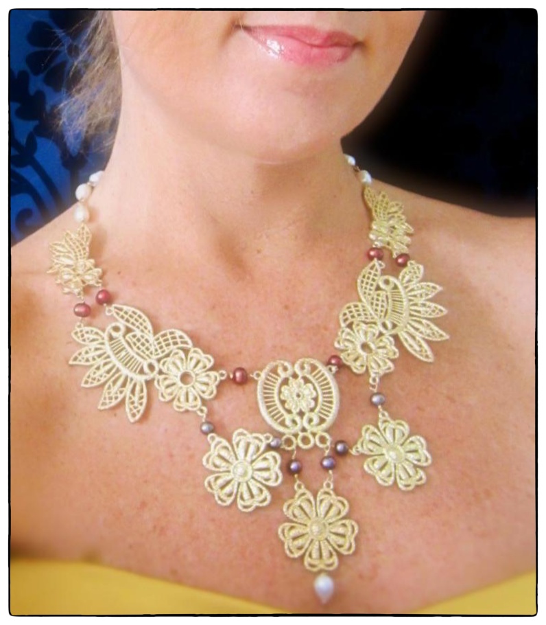Elegant Affair Bold Statement Necklace Gold Lace Detail Pearls Haute Fashion Victorian French Style